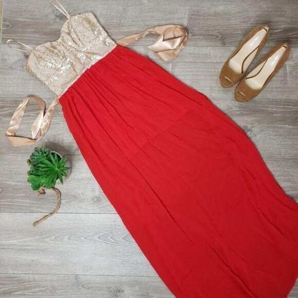 Jodi Kristopher Red & Gold Sequin Prom Ball Gown Size 7 Formal Evening Dress - Picture 5 of 5